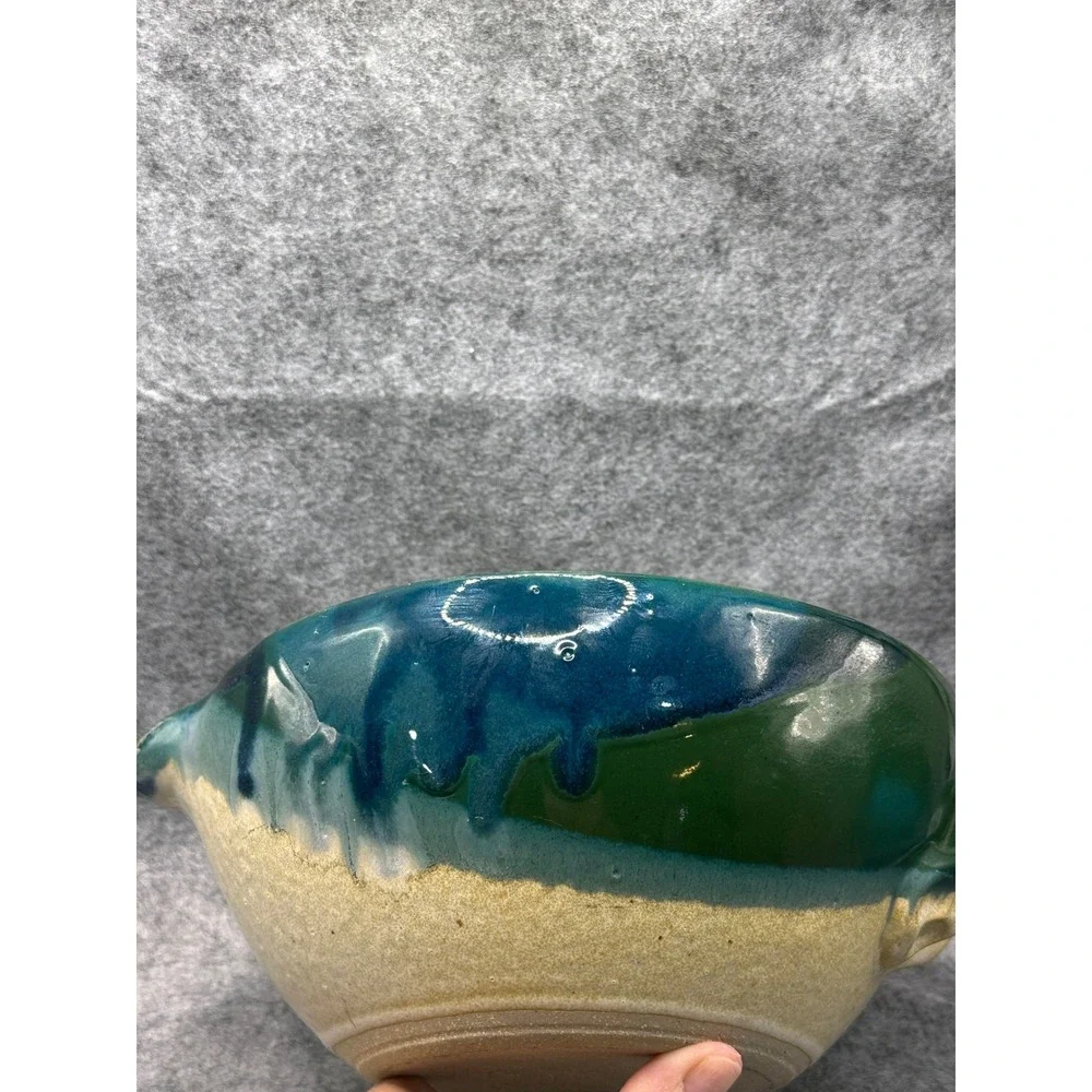 Handmade Studio Pottery Batter Bowl Green Blue Drip Glaze Signed Spout Handle